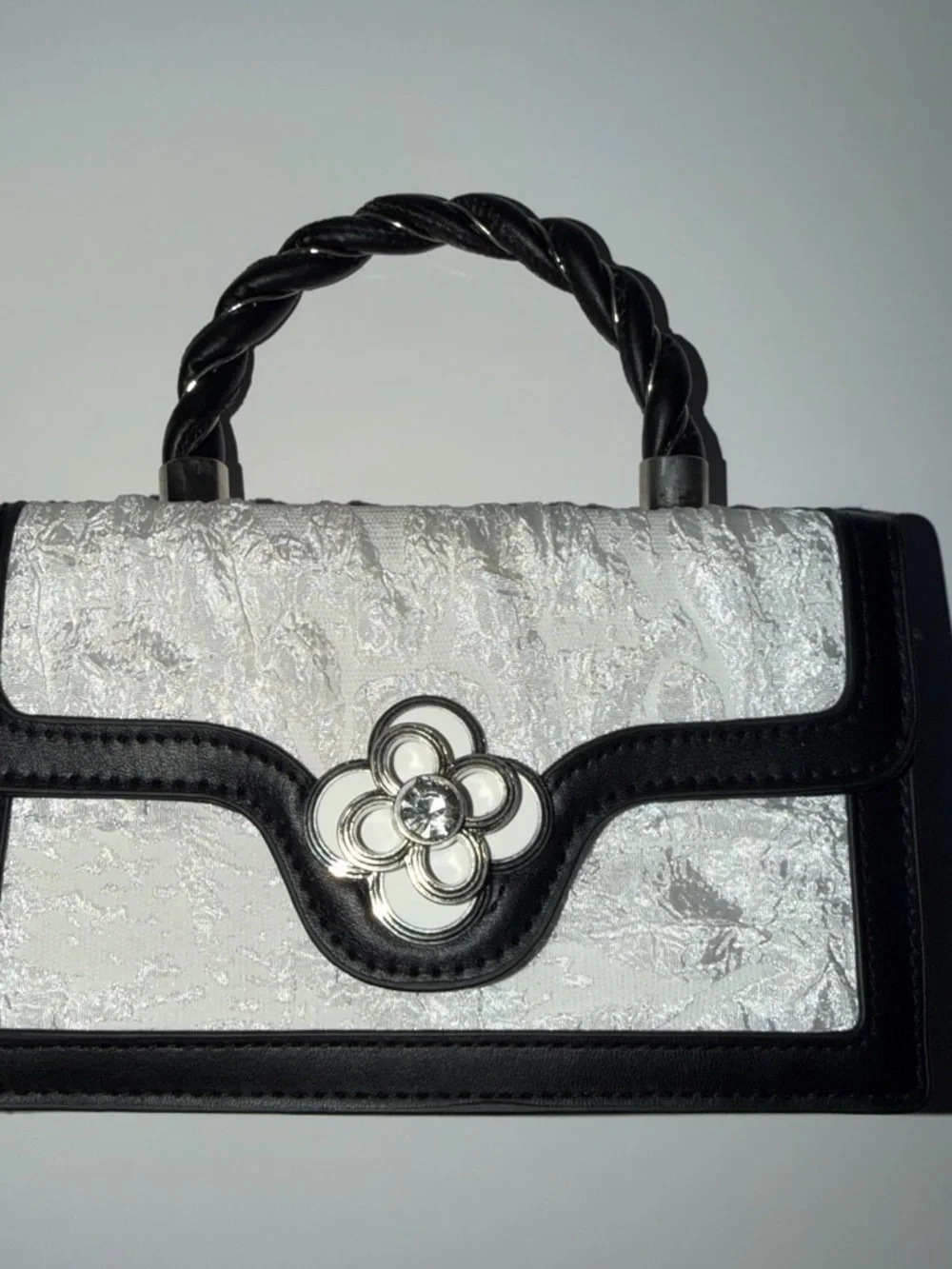 SHEIN Black & Silver Floral-Accent Top Handle Satchel